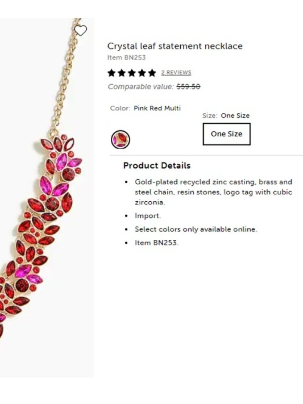 J.Crew Factory Crystal Leaf Red Pink Statement Necklace NEW! 💖 - Picture 4 of 4